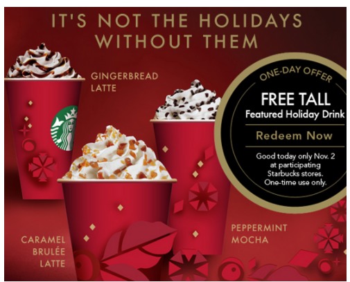 free starbucks tall holiday drink