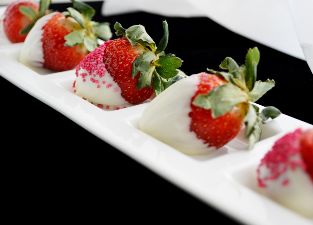 White Chocolate and Pink Nonpareil Dipped Strawberries
