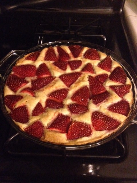 strawberry cake out of oven
