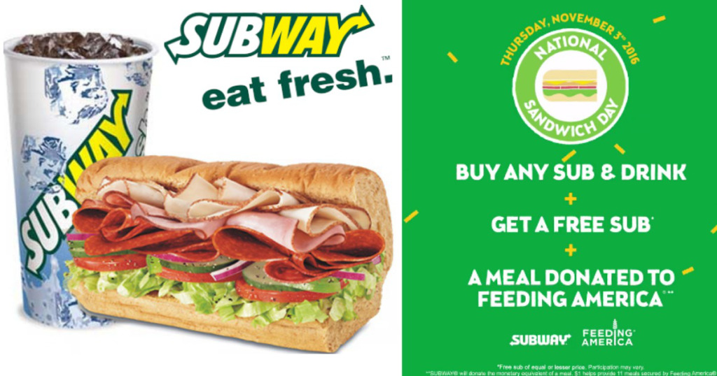 FREE Sub w/ Sub & Drink Purchase on 11/3 plus a meal donated at Subway