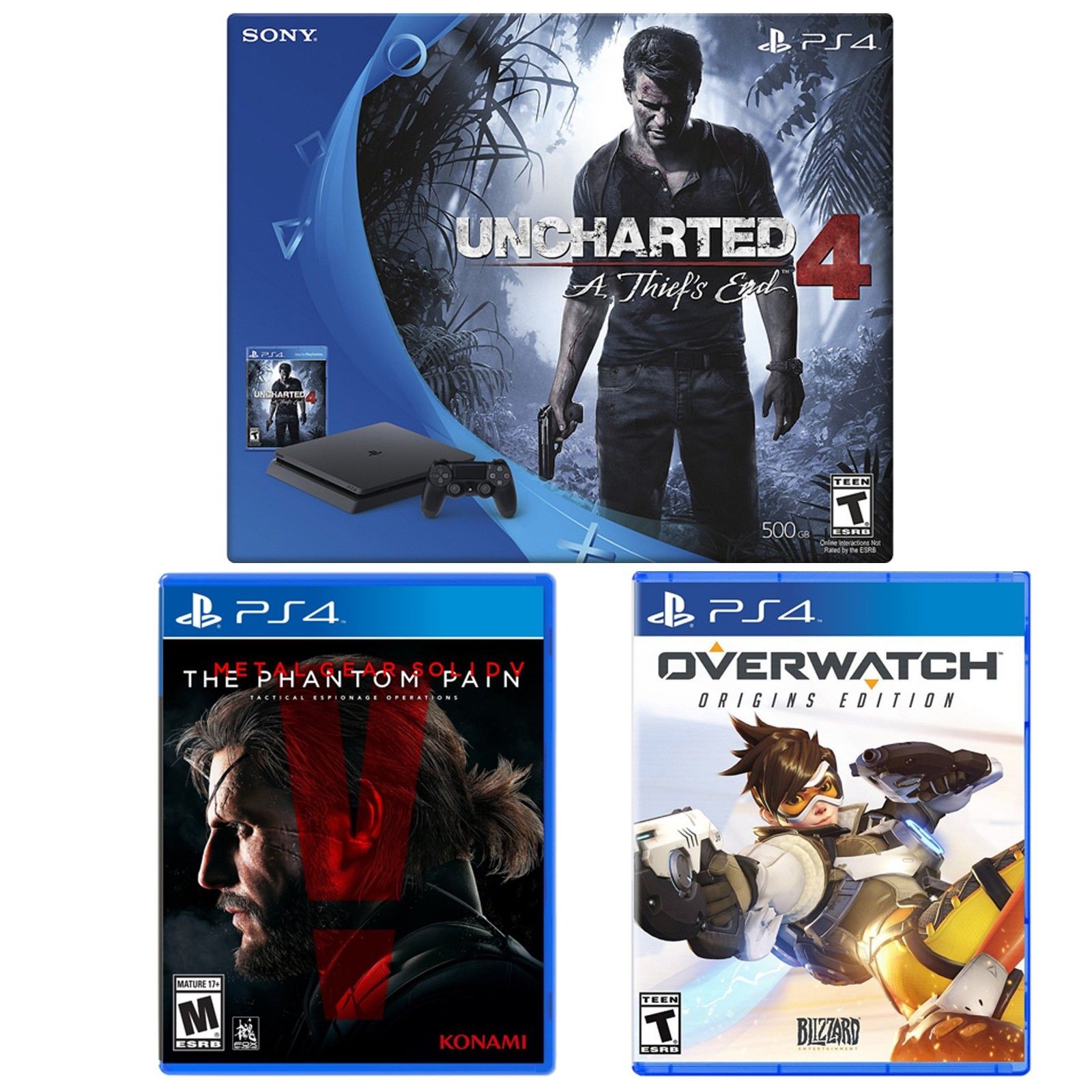 Playstation 4 Unchartered Slim Console Bundle + Overwatch + Metal Gear ...